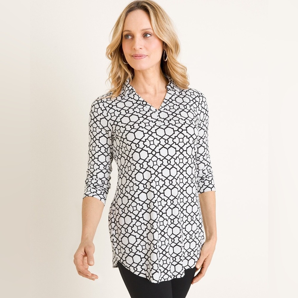 Chico’s Zenergy Lattice-Print Polo Shirt.